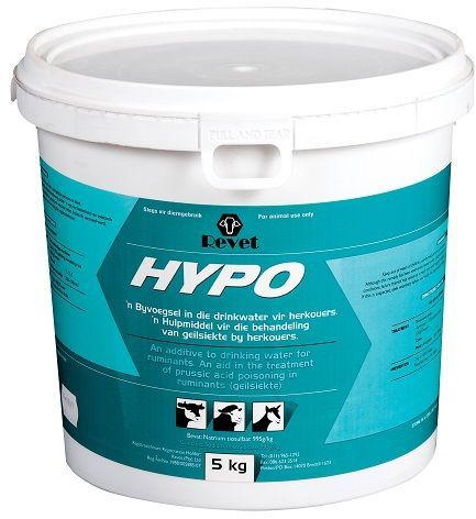 Hypo Sodium Thiosulphate is used as an additive in drink water for ruminants. Directions for Use in Prevention: 2kg Hypo in 1000L Water. Replenish every 3 to 4 Days. To use as Treatment: Treat once only administer 25% solution orally. 250g per L water. Cattle 1 2L and goats 250-500ml.