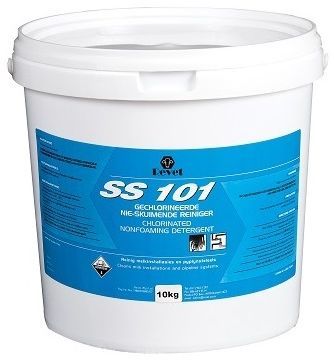 Chlorinated non foaming detergent to clean milk installations and pipeline systems. Directions: After Milking rinse the installation well with cold to lukewarm water 25°C to 30°C. Prepare a solution containing 4g of SS101 per litre of hot water at 70°C. Circulate this solution through the installation for 10 minutes. Drain the solution and rinse installation with potable water. Use 2ml SS108 per 1 litre of water or 1.5ml SS103 per 1 litre of water in the final rinse.