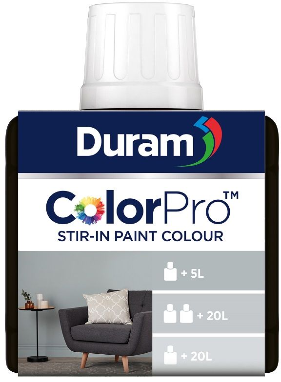 Stir Duram ColorPro stir-in paint colour into white Duram paints to create attractive, rich colours. Each of the 17 colours can produce 3 consistent shades. To achieve professional colour consistency, use with Duram Wall & Ceiling, Wall Sheen, Flex wall, Armatex, Enamel & Trim, Matt Acrylic, Gloss Enamel, Stoep Enamel or any other white Duram wall or enamel paint.
