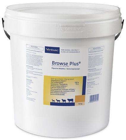 Browse Plus is a specialised formula designed as a drinking water or in feed/lick additive which enhances the animal's digestive process and results in more nutrient utilisation. COMPOSITION: Polyethylene glycol 930 g /kg, excipients 70 g /kg (polyvinylpyrrolidone/calcium hydroxide/dry powdered molasses stillate). COMPOSITION: Polyethylene glycol 930 g /kg, excipients 70g /kg (polyvinylpyrrolidone/calcium hydroxide/dry powdered molasses stillate). DIRECTIONS FOR USE : 4g per animal per day for livestock and game. Digestive modifier during unfavourable feeding times. Tannin inhibitor.