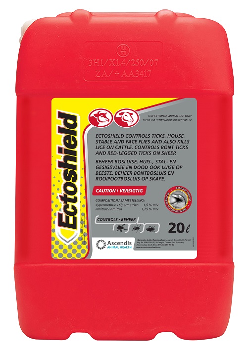 Controls ticks, house-, stable- and face flies and also kills lice on cattle. Controls bont ticks and red-legged ticks on sheep.