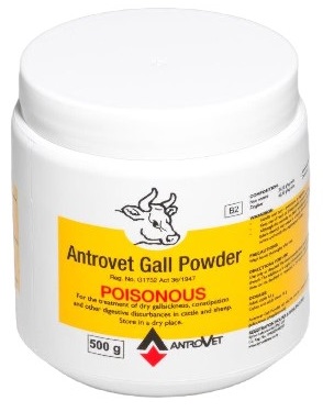 Antrovet gall powder for the treatment of dry gall sickness, constipation and other digestive disturbance in cattle and sheep.