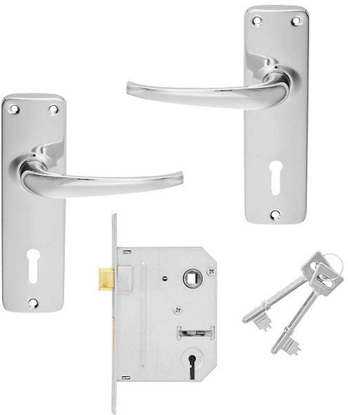 Lockset 4 lever pro-series complete with pressed plate handles chrome steel chrome plated reversible latch SABS approved 5 year guarantee & fits local keys.