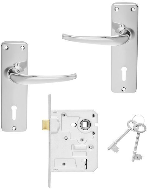 Lockset 2 lever premium complete with heavy duty handles chrome steel chrome plated SABS approved twist & pull reversible latch 10 year guarantee & fits local Keys.