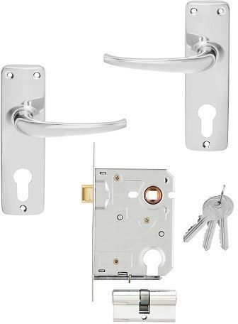 Cylinder lockset pro-series complete with Euro profile cylinder pressed plate handles chrome steel chrome plated twist & pull reversible latch & SABS approved.