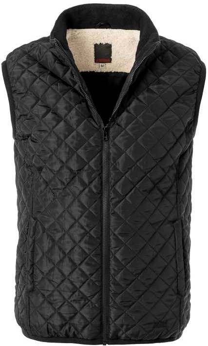Diamond cut quilted polyester, sherpa lining, YKK vislon zip, fleece lined side entry pockets, inner safety pocket, lip elastic around armhole and hem.