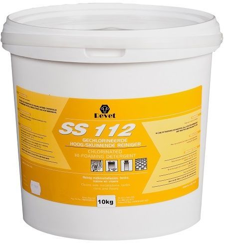 Revet SS112 is a chlorinated hi-foaming detergent powder to clean milk installations, tanks containers and floors. Directions: After milking rinse milk tanks, equipment or milk containers with clean lukewarm water 20°C to 30°C. Brush thoroughly with a solution of 4g SS112 per litre of warm water at 55°C. Rinse well with potable water. Use 2ml SS108 per 1 litre of water or 1.5ml SS103 per 1 litre of water in the final rinse.