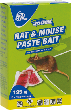 A paste rodenticide. Controls Norway rats, roof rats, house mice and gerbilles. Convenient and easy application. Single feed.
