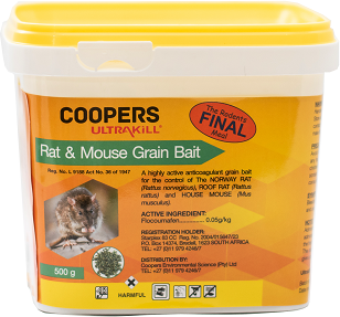 Highly active anticoagulant grain bait for the control of the Norway rat, roof, rat and house mouse.