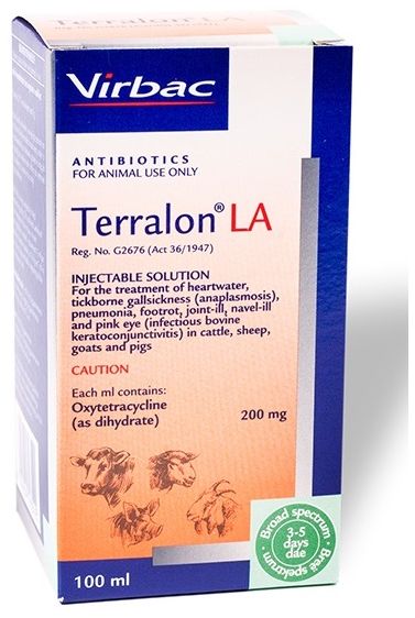 For the treatment of heartwater, tickborne gall sickness (anaplasmosis), pneumonia, foot rot, joint-ill, navel-ill and pink eye (infectious bovine keratoconjunctivitis- tis) in cattle, sheep, goats and pigs. Contains 200mg/ml Oxytetracycline for the treatment of heartwater, tickborne gall sickness (anaplasmosis), pneumonia, foot rot, joint ill, navel ill and pink eye (infectious bovine keratoconjunctivitis) in cattle, sheep, goats and pigs. Contains 200mg/ml Oxytetracycline for the treatment of heartwater, tickborne gall sickness (anaplasmosis), pneumonia, foot rot, joint ill, navel ill and pink eye (infectious bovine keratoconjunctivitis) in cattle, sheep, goats and pigs. Treatment can be repeated after 72 hours if necessary.