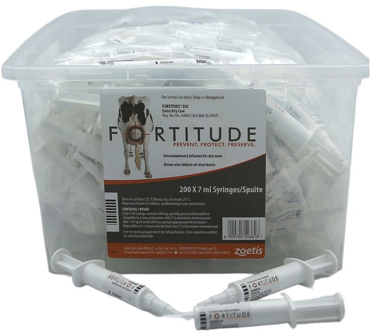 Fortitude Extra Dry Cow (EDC)containing 600mg per syringe of specially-processed cloxacillin as the benzathine salt in a long-acting base with 3% aluminium monostearate. Indicated for the intramammary treatment of the cow at drying off. It maintains effective antibiotic concentrations in the udder for up to 7 weeks.