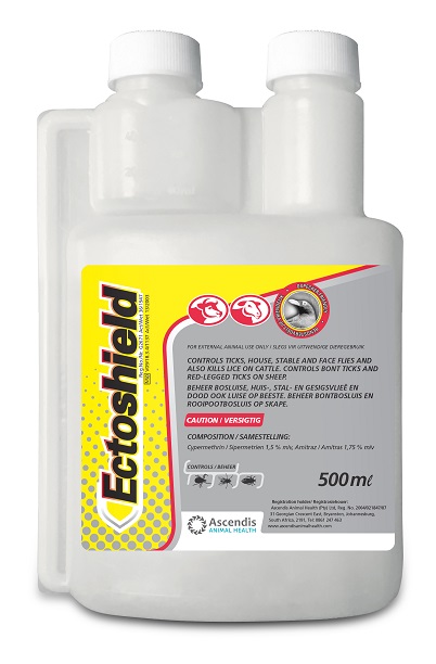 Controls ticks, house-, stable- and face flies and also kills lice on cattle. Controls bont ticks and red-legged ticks on sheep.