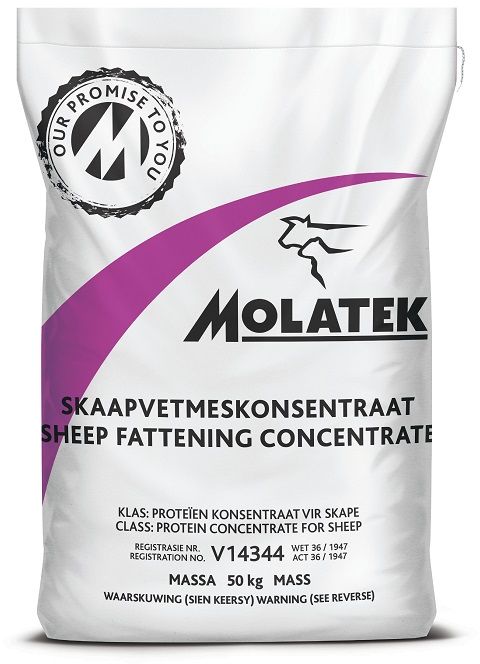 Molatek Sheep Fattening Concentrate is a protein concentrate used to finish lambs in the feedlot. Molatek's fattening product formulations focus on achieving the lowest cost per kg mass gain. Easily mixed with the other feedlot raw materials into a complete feed. Uses high-quality natural protein, balanced according to the amino acid profile needed for carcass development to optimise muscle growth. Ionophores improve growth and feed conversion of lambs.