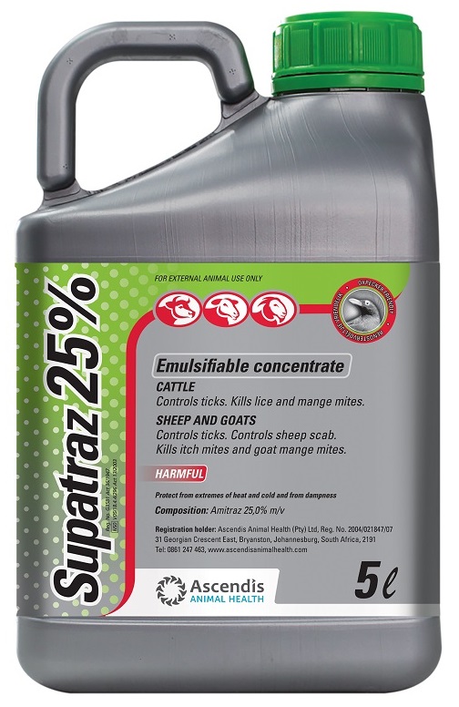 Emulsifiable concentrate. Controls ticks and kills lice and mange mites on cattle. Controls ticks & sheep scab and kills itch mites and goat mange mites on sheep and goats.