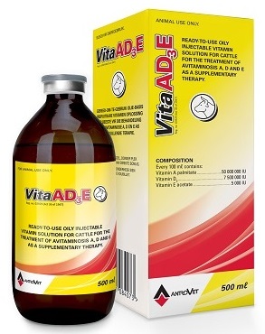 Vita AD3E is a ready to use oily injectable vitamin solution for cattle for the treatment of avita-minosis A,D and E as supplementary therapy.