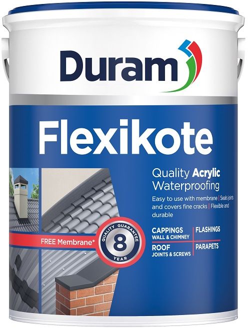 Duram Flexikote is a water-based acrylic waterproofing solution forms a strong barrier against water and moisture Economical and easy to use. Flexikote is designed to remain flexible in order to withstand cracking and movement of the underlying surface. Used in conjunction with Duram Duramesh membrane, Flexikote dries to a resilient waterproof barrier that is attractive, UV resistant, puncture resistant and long lasting. Duram Flexikote is a water-based acrylic waterproofing solution forms a strong barrier against water and moisture Economical and easy to use. Flexikote is designed to remain flexible in order to withstand cracking and movement of the underlying surface. Used in conjunction with Duram Duramesh membrane, Flexikote dries to a resilient waterproof barrier that is attractive, UV resistant, puncture resistant and long lasting.