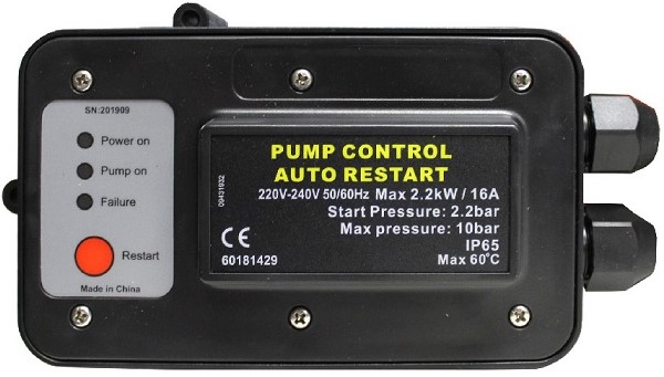 Automatic stop start controller for pumps up to 2,2kW with dry run protection. Equipped with cables and SA Plug