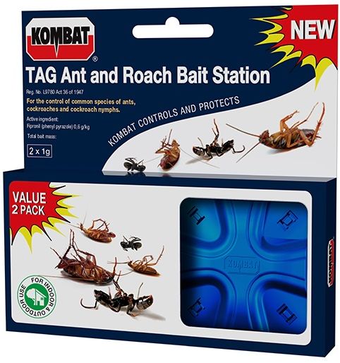 Kombat ant and rouch bait station is a scientifically test gel bait matrix which has been placed inside a bait station and is effective in controlling common species of ants including black, common, sugar and garden ants as well as all common species of cockroaches including American, oriental and german cockroaches and their nymphs.