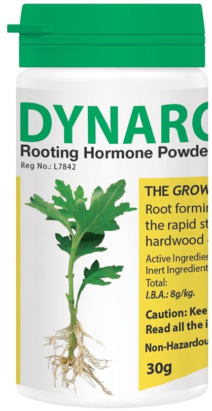 Dynaroot powder, used to stimulate fast & prolific rooting of plant cuttings. Its active ingredient is 4-Indole-3lbutyric Acid (IBA). Use for softwood, semi-hardwood and hardwood plant cuttings. Dip the lower 10 to 20mm of the cutting in the powder. Tap gently on side to remove surplus powder and plant in chosen medium.