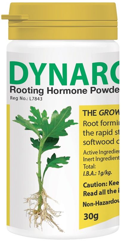 Dynaroot powder, used to stimulate fast & prolific rooting of plant cuttings. Its active ingredient is 4-Indole-3lbutyric Acid (IBA). Use for softwood, semi-hardwood and hardwood plant cuttings., Dip the lower 10 to 20mm of the cutting in the powder. Tap gently on side to remove surplus powder and plant in chosen medium.