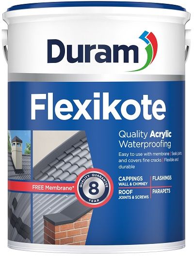 Flexikote is used with Duram Duramesh membrane to seal joints and cover hairline cracks on roofs. It can be used on flashings, roof joints, roof screws, parapets and wall and chimney cappings. Advantages withstands cracking and movement of the underlying surface, is UV and weather resistant, the pure acrylic, resists fading and chalking, bitumen free, which makes it more UV stable. Forms a tough waterproofing barrier and is easy to use. It is aesthetically pleasing and can be painted over.