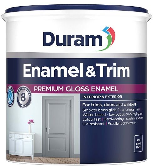 Premium Gloss Enamel, with a 8-year quality guarantee. For trims, doors and windows, smooth brush glide for a lustrous finish, water based, low odour, low VOC, quick drying and colourfast. Hardwearing, scratch, stain and UV resistant. Excellent obliteration, semi gloss finish, available in classic standard colours and can be tinted.