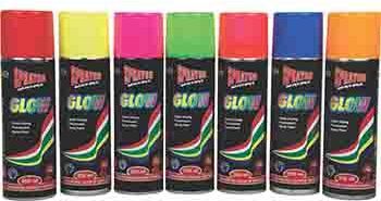 Spray Glow is a bright fluorescent spray paint available in a range of 6 quick drying colours in 250ml aerosol cans.