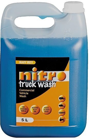 Truck wash is a heavy duty detergent. Use 50 to 100ml Nitro Truck wash per 5 litre water. Apply with a sponge or soft broom. Rinse.