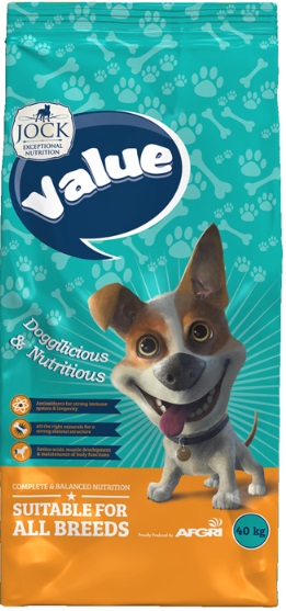 Jock Value: Complete and Balanced nutrition suited for all dog breeds: The role that nutrition plays in keeping your dog healthy is absolutely critical. Jock Value is specially formulated to completely address these needs and keep your pooch a few steps ahead of the rest. The secret lies in our protein-rich formulation, which is loaded with the 10 essential amino acids. These key nutrients are vital for your dog's health and help maintain and build muscle strength. Jock Value is also a rich source of antioxidants, thanks to added vitamin C and E. These powerful elements, along with a combination of essential minerals, help limit the damaging effects of free radicals in your dog's body and help support overall health. Add to this our carefully selected premium ingredients and you have dog food that is as delicious as it is nutritionally sound. Ingredients: Cereals, Derivatives of vegetable origin, Meat & Animal Derivatives, Vegetable Protein Extracts, Fats & Oils, Minerals, Vitamins and Approved Antioxidants, Contains at least 5% Genetically Modified Organisms.