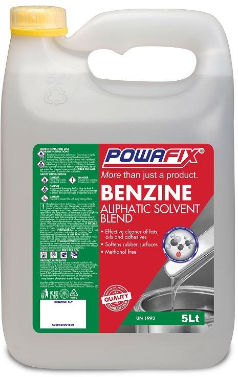 Powafix Benzine is a clear aliphatic hydrocarbon solvent blend that can be used as a cleaning agent for fats, oil and grease.