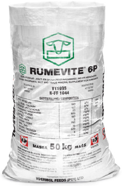 VOERMOL RUMEVITE (V11995). Class: Mineral & Trace Mineral Supplement for Ruminants. VOERMOL RUMEVITE 6P is a ready-mixed mineral supplement for cattle, sheep & ruminant game on green pastures. Stimulates production of growing & producing animals on green pastures. Suitable for ruminant game.