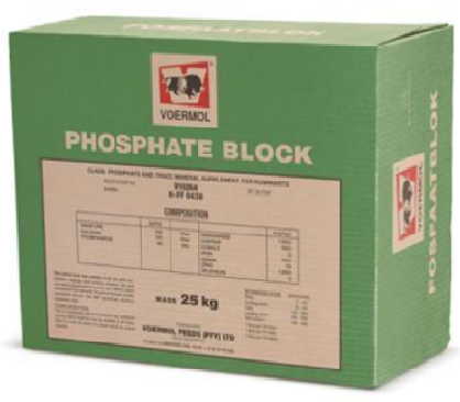 VOERMOL PHOSPHATE BLOCK (V10264). Class: Mineral & Trace Mineral Supplement for Ruminants. VOERMOL PHOSPHATE BLOCK is a mineral supplement for cattle, dairy cows, replacement heifers, sheep & ruminant game on green pastures. Due to its shape & size it is easy to handle & ready to use. Contains a wide range of minerals & trace minerals which promote reproduction & growth. Contains relatively little salt & will therefore not result in excessive salt intake. Promotes a good intake & is to a great extent rain resistant. Voermol Phosphate Block is suitable for ruminant game.