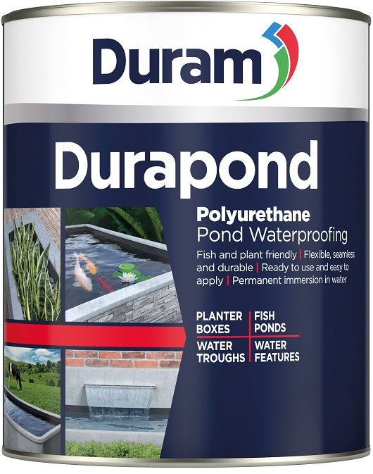 Polyurethane Pond Waterproofing A polyurethane pond sealer ideal for fish ponds, water features, planter boxes and water troughs. Non-toxic - fish and plant friendly. Flexible, seamless and durable. Suitable for permanent immersion in water. Ready to use and easy to apply. Single component solution so there is no measuring or mixing - simply brush on. Excellent adhesion, especially when used with Duram Duraprime. Does not taint water or food. Odourless when cured. A polyurethane pond sealer ideal for fish ponds, water features, planter boxes and water troughs.