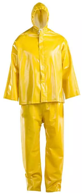 PVC Coated rain suit with hood. Jacket with fixed hood & draw string closing. Storm flaps over heavy-duty plastic zip (large plastic press snap closure). Pants with elasticated waist. Gusset reinforced crotch & press snap closure. Stronger PVC, stronger seams, comfortable & breathable. Suitable for general mining, outdoor applications and contractor applications.
