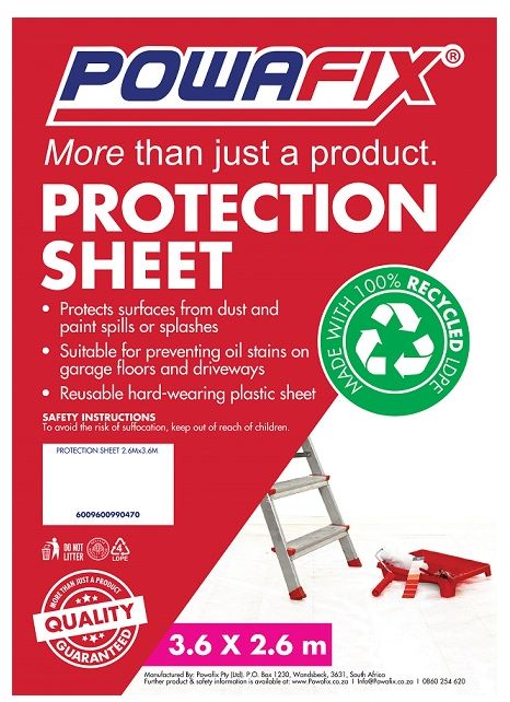 Powafix Protection Sheet is a white high quality 2600mm x 3600mm plastic sheet at 40 micron thick.