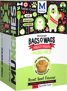 Roast Beef Flavour, Paw-Shaped Biscuits Highly nutritious, fun-filled n' moreish Bags O' Wags are the treats dogs love to get and they're full of yummy, beefy goodness! The Bags O' Wags range of treats make on excellent reward for goad behaviour. a tempting incentive when training or a between meal-snack that hits the spot. Ideal for daily use, Bags O' Wags treats make the perfect complement to every Montego Pet Nutrition dry or wet food diet. Bags O' Wags treats are made to the same high standards as all Montego Pet Nutrition products, using only the finest ingredients, prepared to perfection in our world-class facility. Disclaimer: Treat only, not a complete and balanced diet.