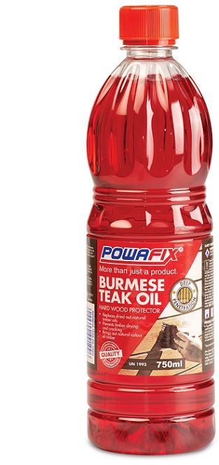 Powafix Burmese Teak oil is a deep penetrating mineral oil specially formulated to protect and enrich natural solid timbers. These oils prevent the timber from drying and cracking.