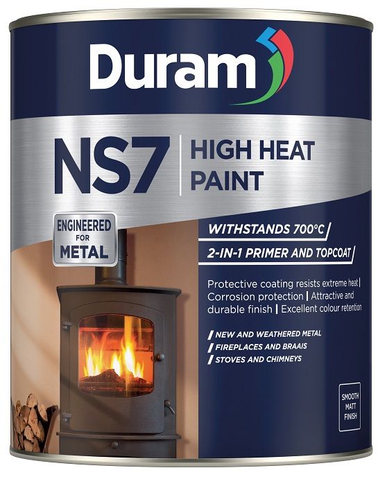 High Heat Paint For interior and exterior new and weathered fireplaces, braais, wood stoves, chimneys, screens and firepits. Heat resistant to 700ºC. Convenient 2-in-1 primer and topcoat. Excellent adhesion. Corrosion protection. Durable and hardwearing. Attractive smooth matt finish. Superior colour and shade retention after repeated heating. Resistant to oils and chemicals. A 2-in-1 primer and topcoat that resists 700ºC for new and weathered fireplaces, braais, stoves and chimneys.