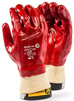 Ruby red thermoplastic PVC (Poly Vinyl Chloride) 27cm length. Synthetic coating coating on a cotton interlock liner & knitted wrist cuff. Provides excellent resistance to most acids, oils fats caustics and petroleum. In addition provides abrasion resistance for both wet & dry applications.Suitable for chemicals, oils, alcohol and glyco ethers.