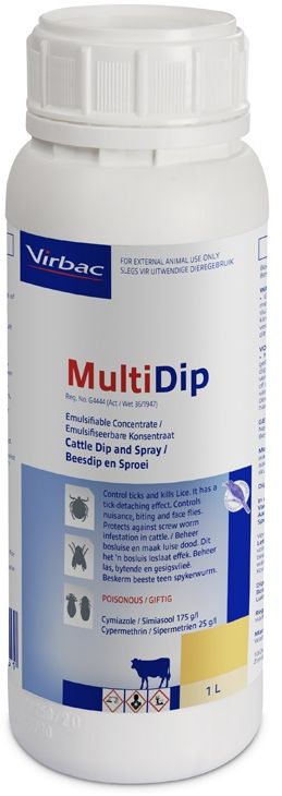 The combination emulsifiable concentrate to be used in a Plunge dip / Spray race/ Hand spray that controls ticks and kills lice. It has a tick detaching effect. Controls nuisance, biting and face flies. Protects against screw worm infestation in cattle. COMPOSITION: Cymiazole 175g/l, Cypermethrin 25g/l. COMPOSITION: Cymiazole 175g/l, Cypermethrin 25g/l. OXPECKER- COMPATIBLE. PLUNGE-DIPPING: Fresh fill (charge): 15: 1 000 (15lt to 1 000lt water) Replenish: 3: 1 000 (3lt to 1 000lt water). SPRAY RACES: 15: 1 000 (15lt to 1 000lt water). Boost spray wash by adding 200ml of MultiDip after every 100 head of cattle dipped.