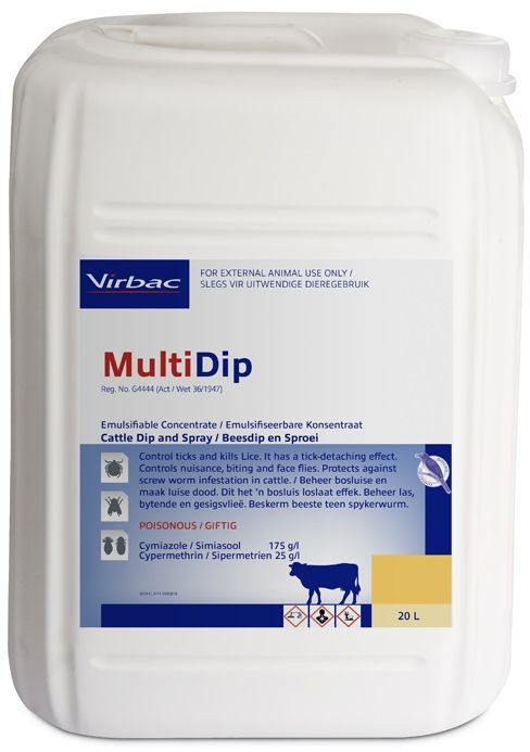 The combination emulsifiable concentrate to be used in a Plunge dip / Spray race/ Hand spray that controls ticks and kills lice. It has a tick detaching effect. Controls nuisance, biting and face flies. Protects against screw worm infestation in cattle. COMPOSITION: Cymiazole 175g/l, Cypermethrin 25g/l. COMPOSITION: Cymiazole 175g/l, Cypermethrin 25g/l. OXPECKER- COMPATIBLE. PLUNGE-DIPPING: Fresh fill (charge): 15: 1 000 (15lt to 1 000lt water) Replenish: 3: 1 000 (3lt to 1 000lt water). SPRAY RACES: 15: 1 000 (15lt to 1 000lt water). Boost spray wash by adding 200ml of MultiDip after every 100 head of cattle dipped.