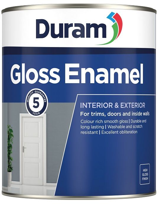 For trims, doors, windows and inside walls. Colour rich smooth gloss with a flawless, self levelling finish Contains polyurethane for toughness Washable with dirt retention Abrasion, scratch, stain and steam resistant. Low splatter with excellent obliteration Gloss Enamel White 5L can be tinted with Duram ColorPro stir-in paint colour This product has a 5 year quality guarantee. An attractive, colour rich and long lasting gloss enamel for trims, doors, windows and inside walls, with a 5 year quality guarantee.