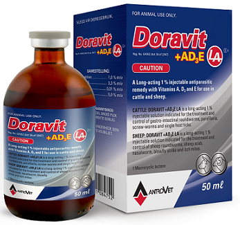 Doravit +AD3E LA is a injectable with Vitamins A, D3 and E for use in cattle and sheep.