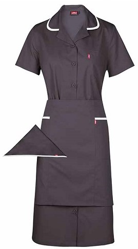 Coordinated set: dress, apron, head scarf. Contrast binding trim. Graded apron for larger sizes. Functional chest and hip pockets on dress. Two additional pockets on apron.