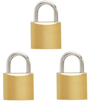 Security iron padlock 32mm 3 pack keyed alike brass epoxy coated & includes 2 keys.