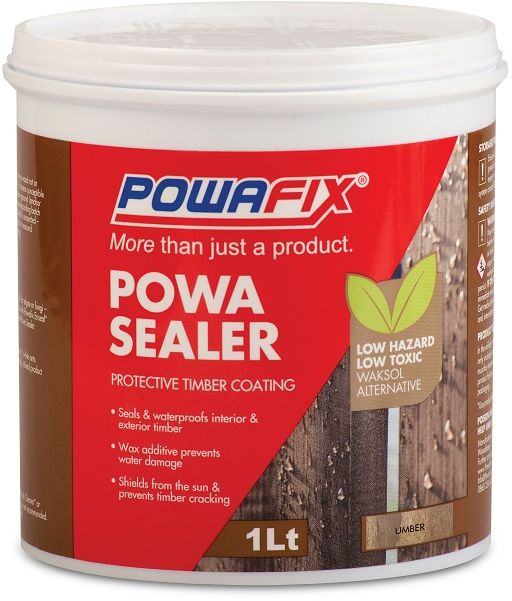 Powafix Powa sealer is a unique water based, non hazardous alternative to Waksol. This easy to use product is a clear, medium brown coating that will seal timber and provide long term resistance to the damaging effects of water and UV rays.