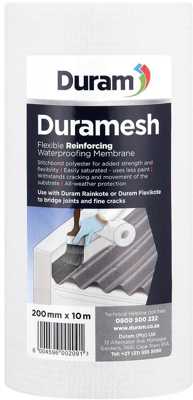 The product can be used on, roofs, parapets, flashings, joints and cracks, Duramesh bridges existing cracks and reinforces surfaces likely to experience hairline cracks. Advantages of the product is that it forms a flexible waterproofing barrier that withstands cracking and movement of the underlying surface. It offers long term flexibility, because it is a woven mesh, it is stronger, uses less paint and follows the profile of the underlying substrate, and is easily saturated.