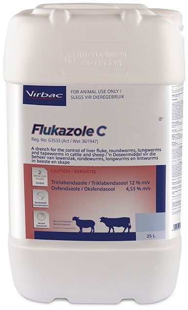 For the control of liver fluke, roundworms, lungworms and tapeworms in cattle and sheep. Flukazole C has a synergistic effect on early immature liver fluke, geared for optimal liver health. Flukazole C has a synergistic effect on early immature liver fluke, geared for optimal liver health. COMPOSITION : Triclabendazole 12% m/v, Oxfendazole 4,53% m/v. Ovicidal. Dosage: 1ml / 10kg body mass orally.
