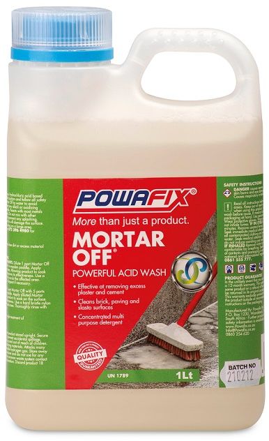 Powafix Mortar Off is an acid based detergent concentrate. Removes excess mortar, cement and cleans brick paving, concrete and slats surfaces.