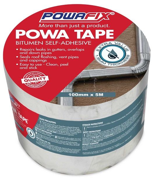 Powa Tape is an easy to use bitumen self-adhesive water proofing tape strip that can be applied to a variety of clean, well prepared surfaces. Powa Tape creates a water tight, Long Lasting seal on roof tiles, metal surfaces and fibre cement down pipes, gutters, roof flashings and vent pipes.